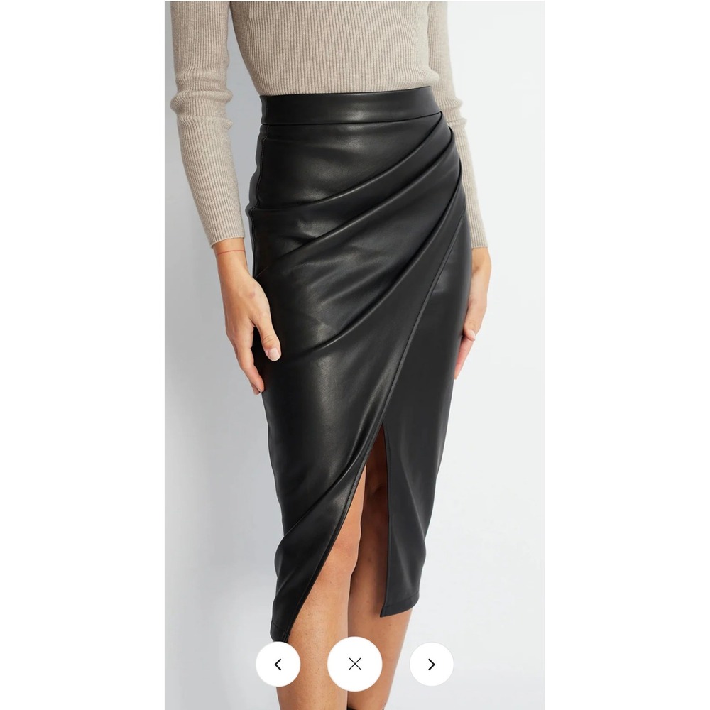 Commense Black‎ Faux Leather Ruched Draped Midi Skirt Womens Large Front Slit L